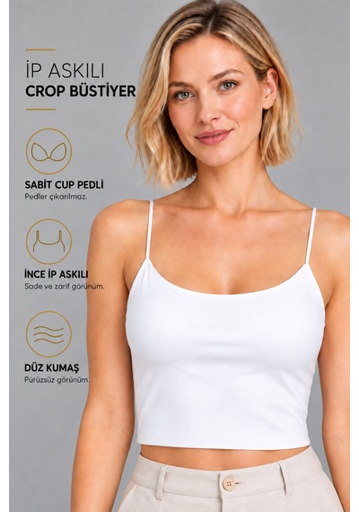 Mrm Pro Göğüs Pedli Kadın Beyaz İp Askılı Crop Atlet Esnek Fit Crop Beyaz Beyaz
