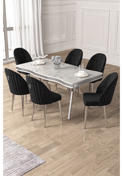 Canisa Pem Serisi 90x160 Lak Panel Beyaz Mermer Desen Krom Ayak Masa Takımı 6 Siyah Sandalye Beyaz Mermer Desen Masa Sandalyeler Siyah Canisa Pem Serisi 90x160 Lak Panel Beyaz Mermer Desen Krom Ayak Masa Takımı 6 Siyah Sandalye Beyaz Mermer Desen Masa Sandalyeler Siyah