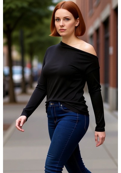 Ersefa Kadın Ekru Viskon Ribana Basic Bluz Asimetrik Yaka Cool & Comfort siyah