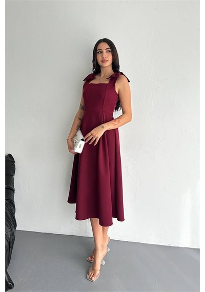 Dipmoda Kadın Askılı Fiyonk Detaylı Kloş Elbise Dpk4185 Bordo