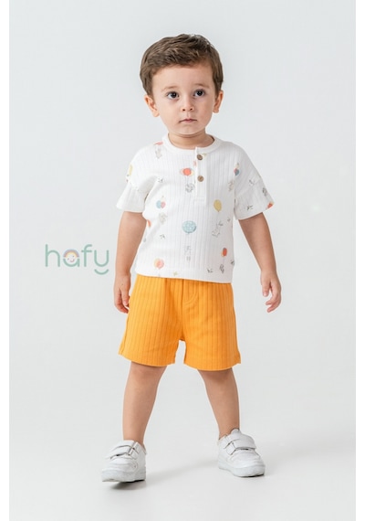 Hafy Baby Henley Yaka, Balon Desenli, Erkek Bebek / Çocuk Şortlu Takım Ekru - Hardal