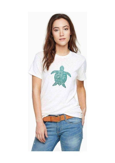 Silhouette Save The Turtles Baskılı Beyaz Kadın Tshirt