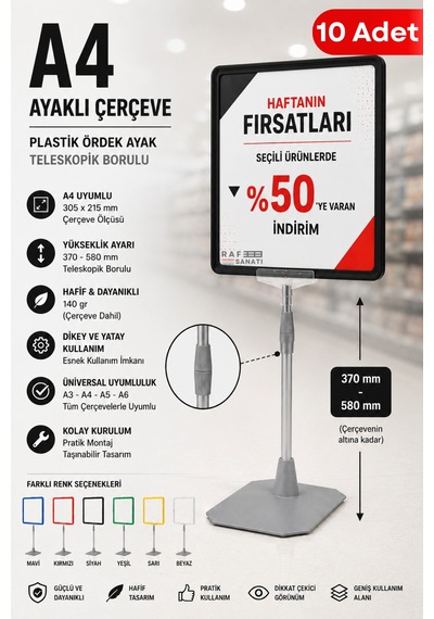 10 Adet - A4 Ayaklı Fiyat Etiketlik Teleskopik Borulu Çerçeve Etiketlik Yönlendirme Levhası Menü Panosu Siyah