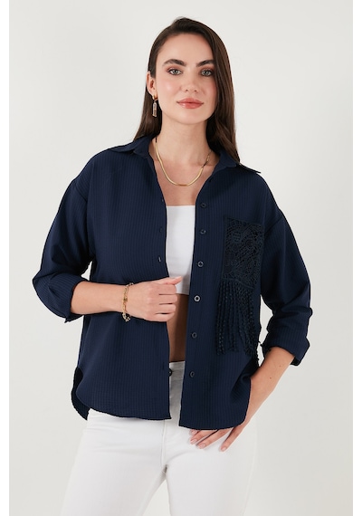 Lela Regular Fit Güpürlü Cep Detaylı Uzun Kollu Bayan Gömlek 6773215 Lacivert