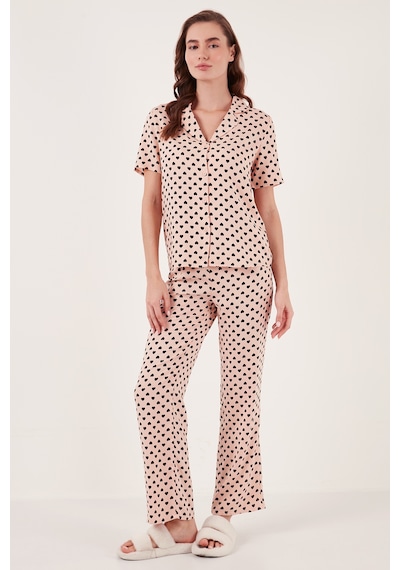 Lela Rahat Kesim Bol Paça Mono Yaka Kısa Kollu Bayan Pijama Takımı 6110290 Somon