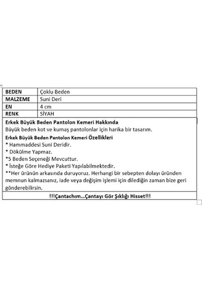 Çantachım Erkek Kemer Büyük Beden Siyah Hakiki Deri