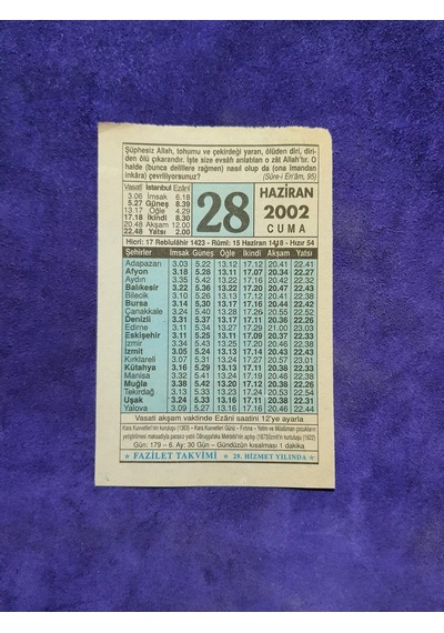 28 Haziran 2002 Takvim Yaprağı - Nostalji Koleksiyonluk Takvim Yaprağı