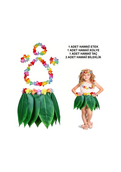 Populermarketim - Çocuk Hawaii Kostüm Seti - Yaprak Etek Hawaii Set - 5 Parça Standart