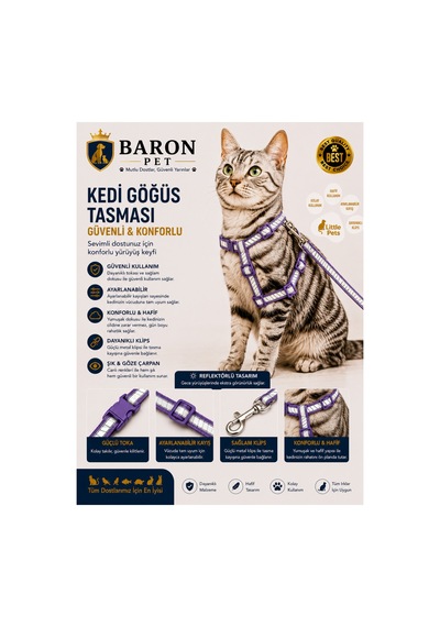 Kedi Göğüs Tasması Ve Gezdirme Kayışı Seti Mor Reflektörlü Ayarlanabilir