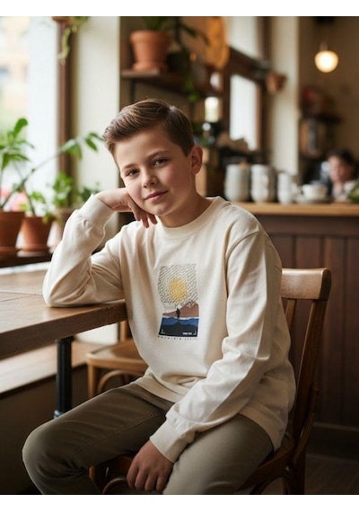 Zekids Erkek Çocuk Pamuklu Manzara Baskılı İnce Uzun Kollu Sweatshirt-16341 Krem