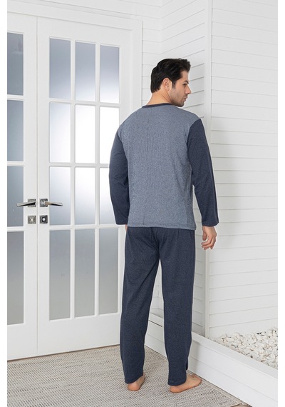Sude Homewear Erkek Füme Renk Jakarlı Uzun Kol Pijama Takımı Gri