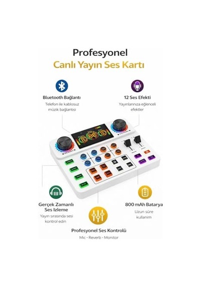 Canlı Yayın Ses Kartı Bluetooth Podcast Ses Mikseri, 12 Ses Efekti Ve Voice Changer Özellikli, 3.5mm Stereo Çıkışlı, 800mah Bataryalı Ses Kartı Tiktok Youtube Yayın Ve Podcast İçin