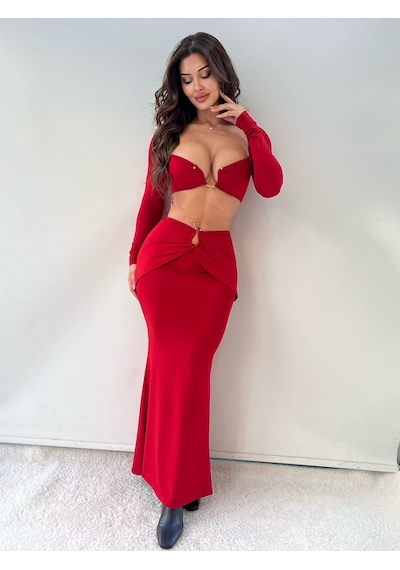 Pink Life Kırmızı Tokalı Micro Kumaş Maxi İkili Takım Kırmızı