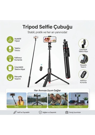 130 Cm Uzayabilen Manyetik Kumandalı Tripod Ve Ayarlanabilir Telefon Tutuculu, Alüminyum Gövdeli Sel