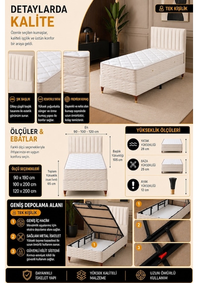 Beehanem Ezgi Krem 120x200 En Geniş Tek Kişilik Premium Baza Başlık Takımı 2'li Set 120 x 200