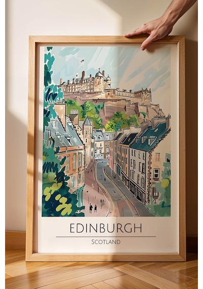 İskoçya Edinburgh Temalı Çerçeveli Tablo Travel Serisi Modern İllüstrasyon Şehir Duvar Dekoru Kayın