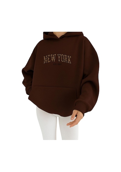 Benroma 3 İplik Penye New York Baskılı Ünisex Kapüşonlu Sweat Kahverengi