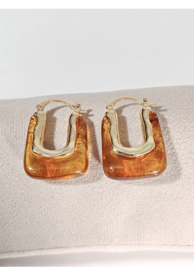Kadın Gold Renk Dikdörtgen Kehribar Görünümlü Küpe - Modern Geometrik Bohem Küpe - Şık Günlük Aksesu Çok Renkli