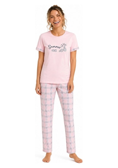 Ertaş Trend Sore Kadın Pamuklu Penye Summer Baskılı Kısa Kollu Pijama Takımı Ekose Desenli - Pembe Birden Fazla