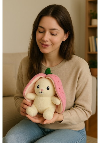 Sevimli Çilek Tavşan Peluş Çantalı Hediyelik 50 Cm Oyuncak PEMBE