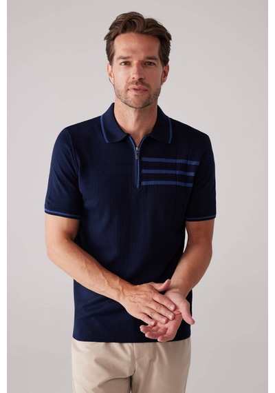Erkek Lacivert Slim Fit Hafif Çizgili Fermuarlı Polo Yaka Tişört