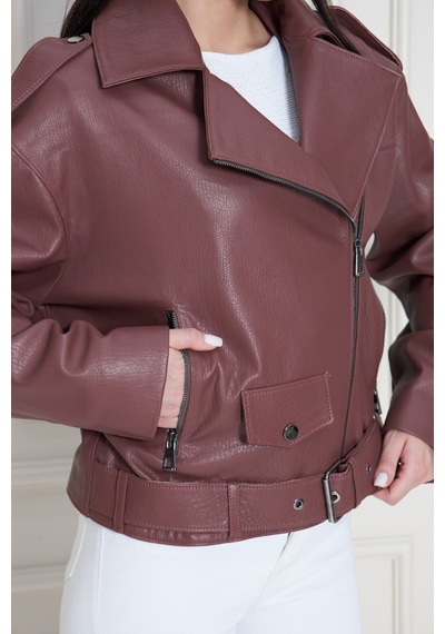 M M Marki Marki Kadın Hakiki Jumbo Deri Ceket Biker Tarz, Kemerli, Oversize, Apoletli, 62 Cm, Kahverengi - 117822