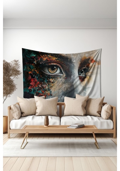 Renkli Silüet Desenli Duvar Halısı Duvar Örtüsü Tapestry Süet Dokulu Kumaş
