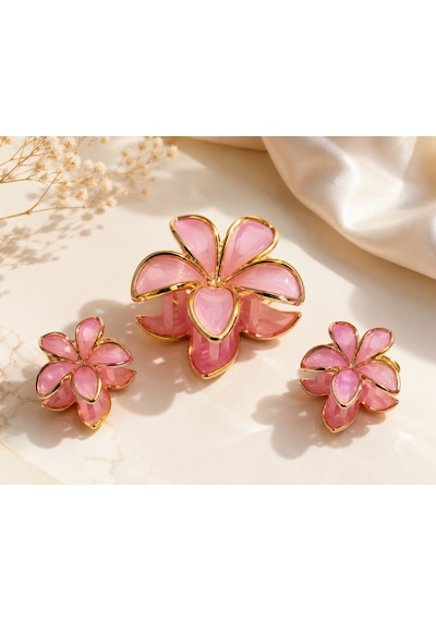 Pembe Çiçek Desenli 3'lü Toka Seti 1 Büyük 2 Küçük Gold Detaylı Mandal Saç Tokası
