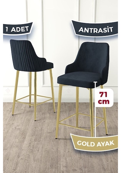 Canisa Enox Serisi 1 Adet Antrasit Mutfak Bar Sandalyesi Babyface Kumaş Gold Kaplama Metal Ayak Sandalyeler Antrasit Ayaklar Gold