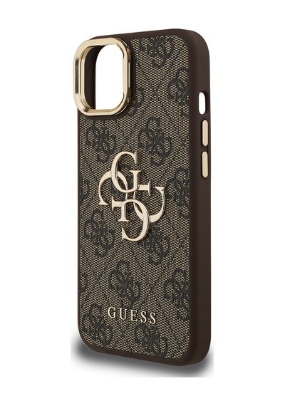 Apple Uyumlu iPhone 15 Kılıf Guess Lisanslı Metal 4g Ve Yazı Logolu Kamera Standlı Kapak Kahverengi