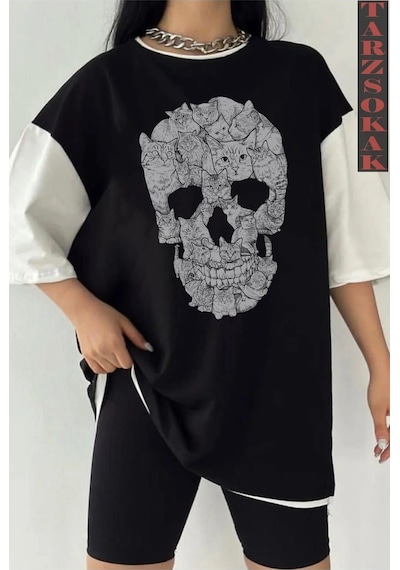 Startmore Siyah Oversize Çift Renk Skull Baskılı Unisex Tshirt Beyaz
