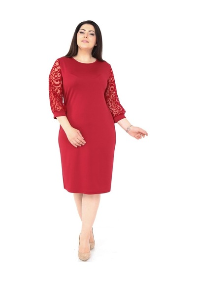 Bordo Flok Kol Büyük Beden Elbise 1E-1039 Bordo