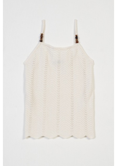 Halter Yaka Boncuk Detaylı Askılı Triko Top Ekru