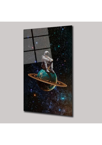 Kozmos Ve Astronot Cam Tablo Uzay Temalı Duvar Dekoru 60x90 Cm