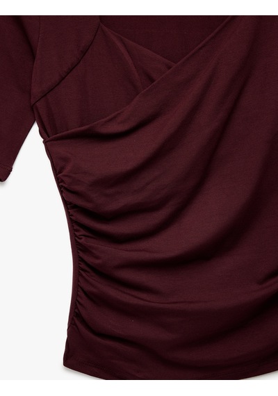 Koton Slim Fit Kısa Kollu Düşük Omuz Kruvaze Bluz Bordo 6wak70023uk Bordo