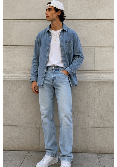 Tarz Cool Erkek Regular Denim Gömlek Yıkamalı Kot Uzun Kollu Cepli Jean Gömlek Mavi