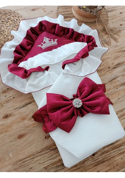 Yenidoğan Mehtap Lüks Kelebek Taç Nakışlı Bebek Battaniyesi Kundak Bordo Bordo