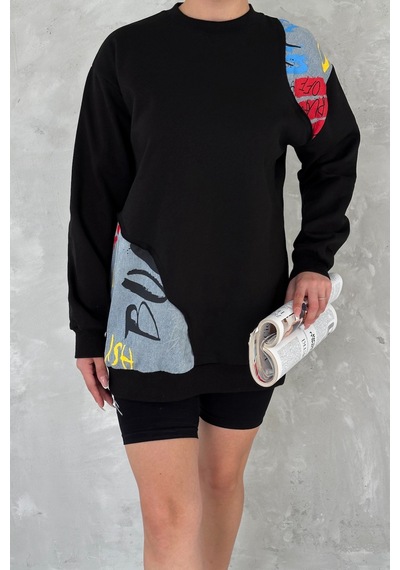 Femelle Kadın Beyaz Şardonlu Tasarım Kot Detaylı Sweatshirt siyah