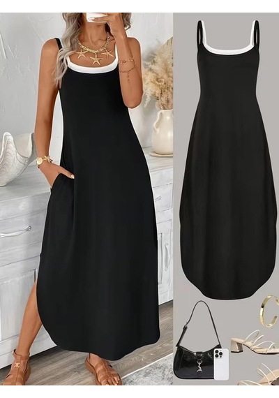 Defymoda Kadın Ip Askılı Yuvarlak Yakalı Cepli Uzun Viskon Elbise Siyah