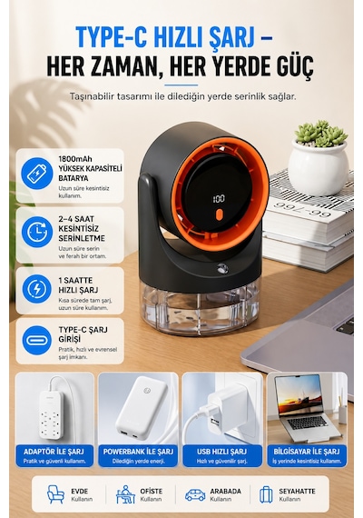 2'si 1 Arada Masa Vantilatörü Ve Nemlendirici Fan 450 Ml Su Hazneli Sessiz Çalışma Şarjlı Masa Vantilatörü 100 Kademe Rüzgar Hızı