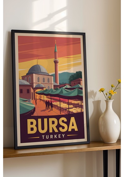 Bursa Tablo - Retro Travel Poster - Türkiye Şehir Serisi Duvar Dekoru - Çerçeve Şehir İllüstrasyonu Siyah