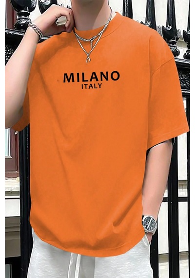 Erkek Milano Baskılı Oversize Tshirt Turuncu