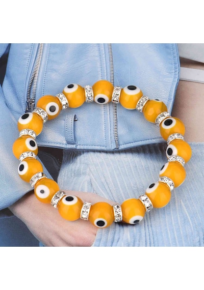 Stretch 10 Mm Sarı Renk Nazar Boncuklu Kristal Taşlı Rondela Bileklik Diğer
