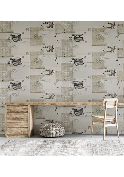 Krem Retro Daktilo Ve Posta Desenleri 16 M2 Duvar Kağıdı Çok Renkli