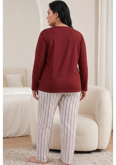 Siyah İnci Pamuklu Likralı Büyük Beden Battal Boy Örme Pijama Takım 26240946 Bordo