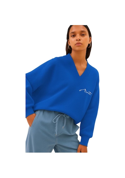 Benroma Dağ Baskılı Ünisex V Yaka Sweatshirt Saks Mavisi