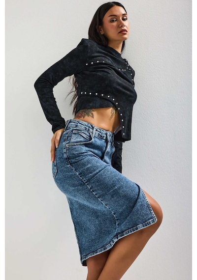 Itsbasic Kadın Snow Kot Rengi Erica Midi Boy Yüksek Bel Yırtmaçlı Jean Etek