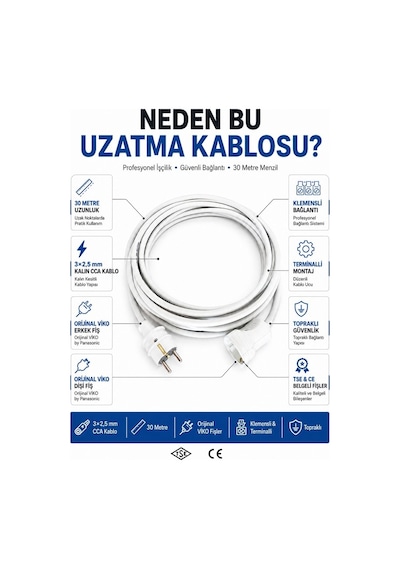 Viko Seyyar Uzatma Kablosu 30 Metre 3x2.5 Mm Cca Kablo Viko Erkek Dişi Fiş Klemensli Terminalli Topraklı Tse Ce Belgeli 30 M