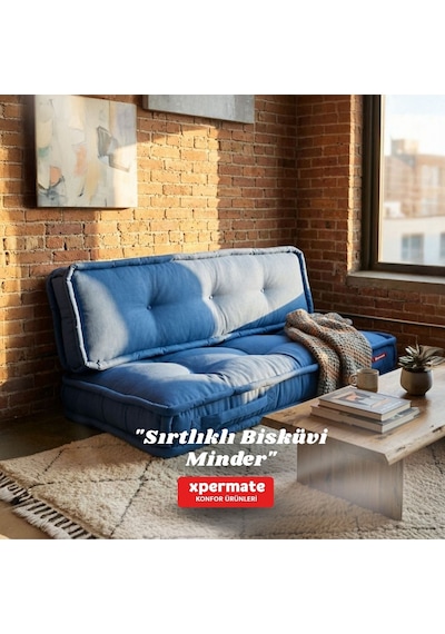 Xpermate Bisküvi Yer Minderi 60x120 Kalın Palet Balkon Petek Önü Fermuarlı Minder Mavi