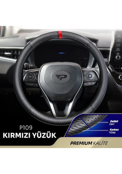 Panda Oto Direksiyon Kılıfı - Delikli Deri / Karbon / Yüzüklü-kırmızı